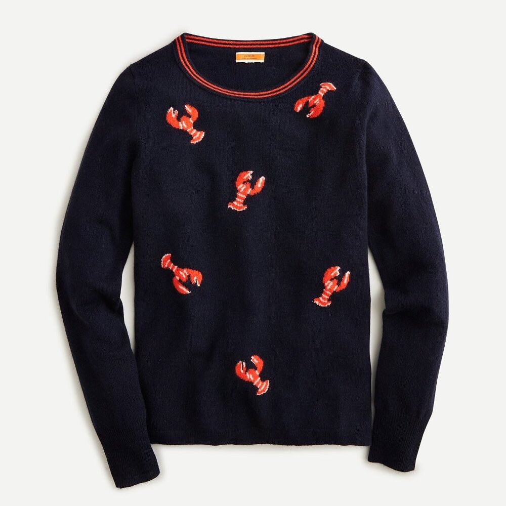 NWT J.Crew Cashmere Crewneck Sweater in Ink Navy Flying Lobsters Print XS